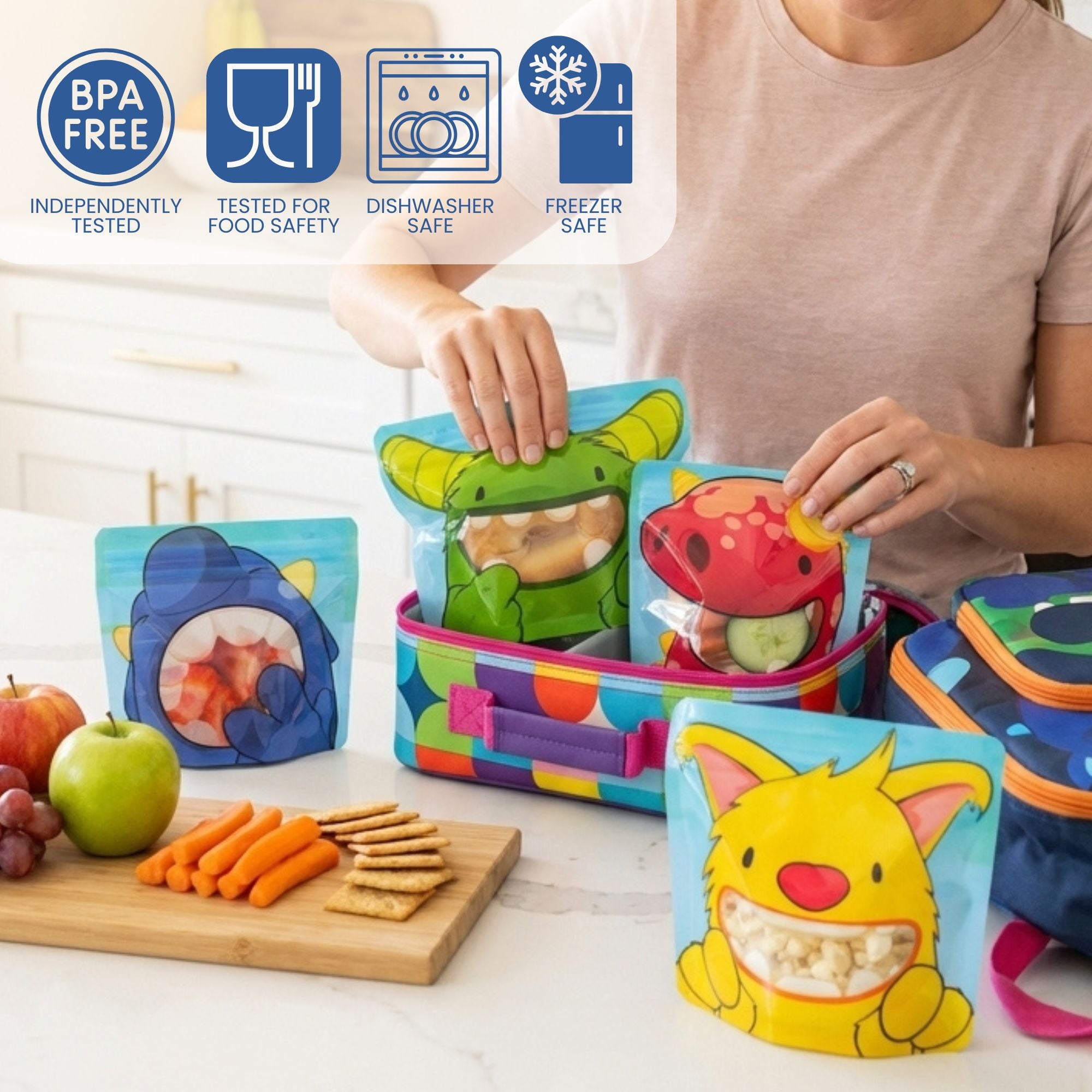 a mum packing lunch bags with colourful monster bags filled with a sandwich, fruit, vegetable snacks and some popcorn