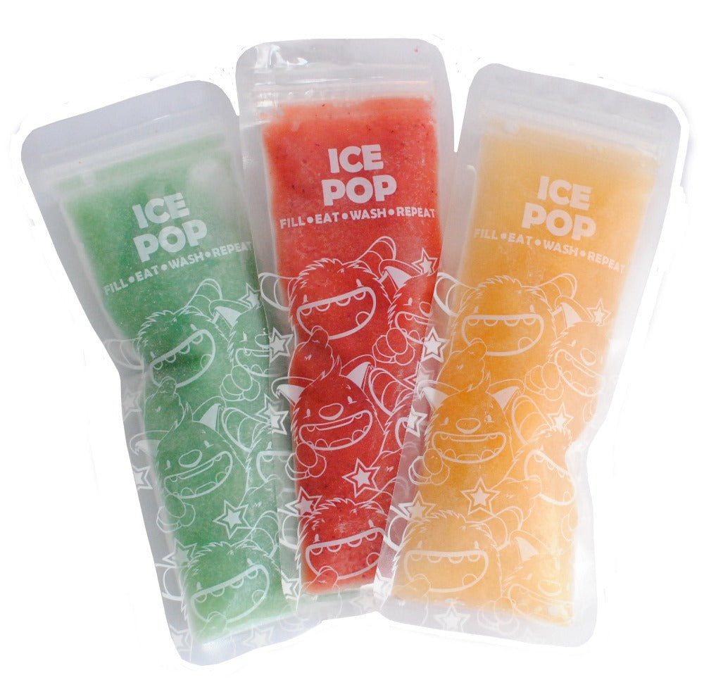 3 nom nom kids ice pop bags filled with a green, red and orange coloured frozen smoothie