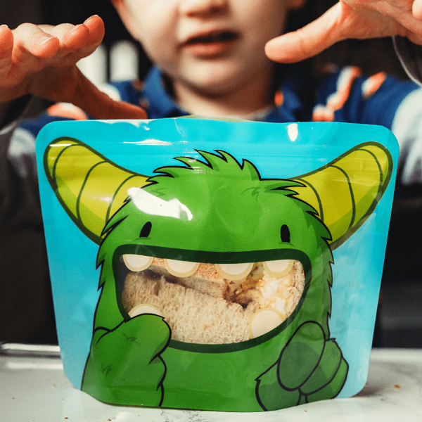 Nom Nom kids reusable sandwich bag with sandwich inside 