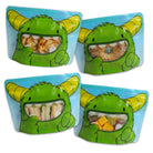 A monster bag filled with a seeded bagel, pinwheels, sandwiches and fruit