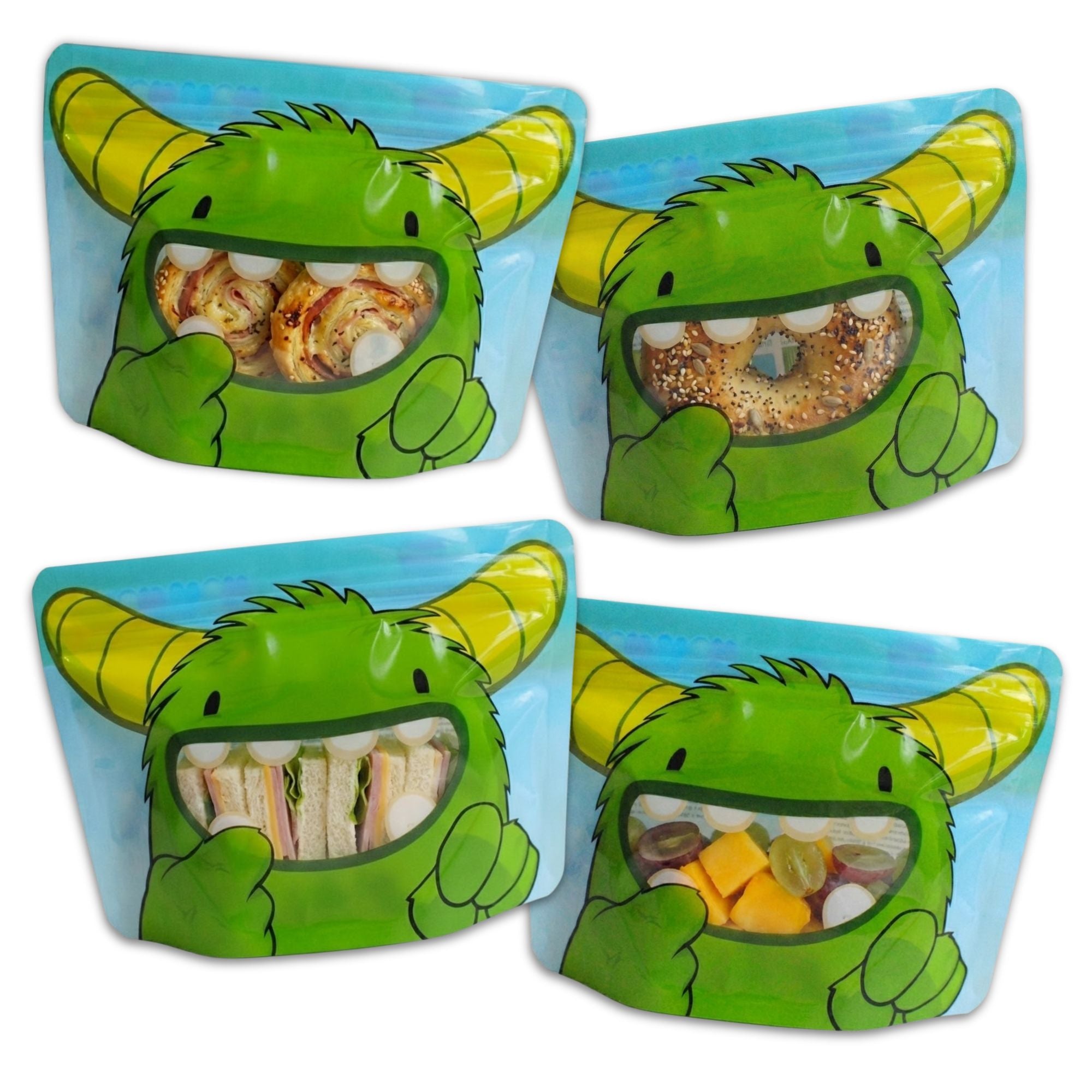 A monster bag filled with a seeded bagel, pinwheels, sandwiches and fruit