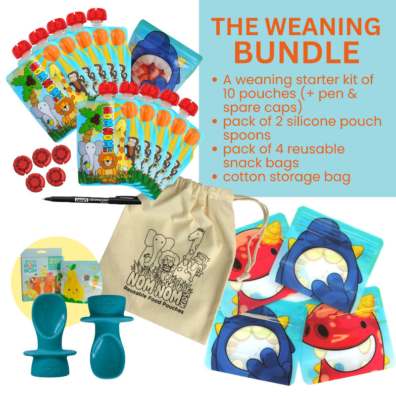 Weaning starter kit with pouches, silicone spoons, snack bags, and a pen, featuring colorful packaging.