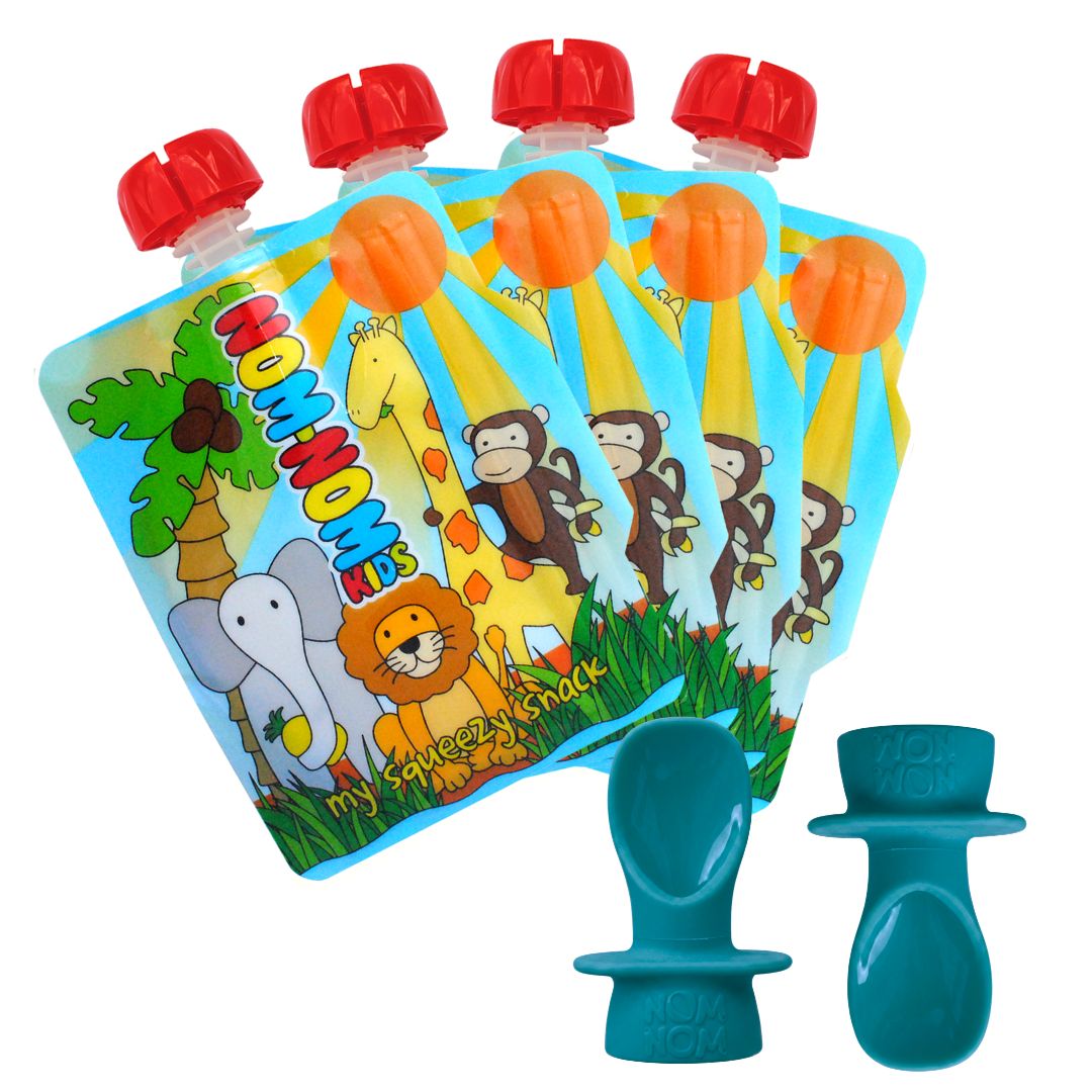 4 pouches with animal illustrations and two blue silicone pouch spoons on a white background