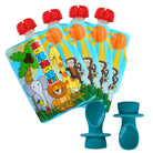 4 pouches with animal illustrations and two blue silicone pouch spoons on a white background
