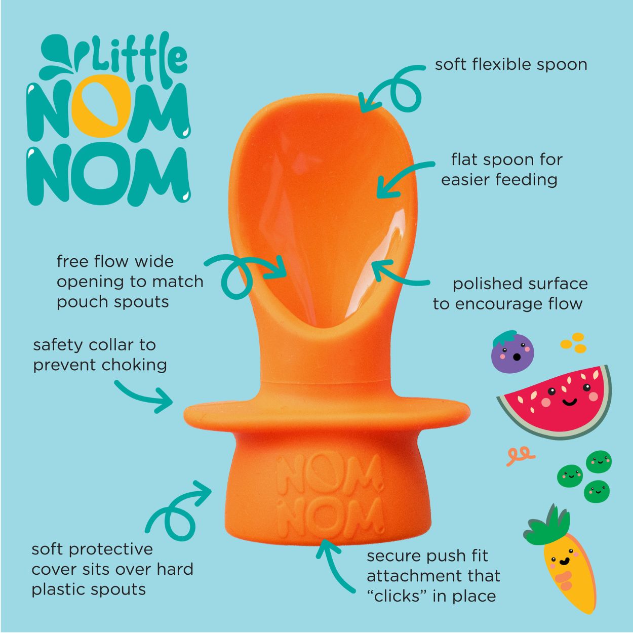 infographic showing the features of the Little Nom Nom silicone pouch spoon
