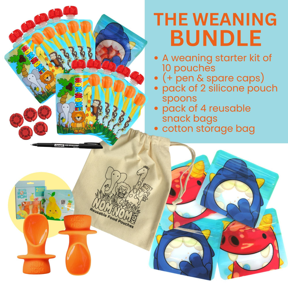 weaning bundle contents showing reusable pouches, snack bags for finger foods and silicone pouch spoons