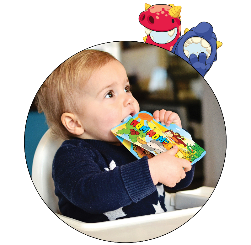 Baby eating from a Nom Nom kids reusable pouch