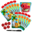 A set of colorful reusable food pouches with animal designs, accompanied by red caps and a pen.