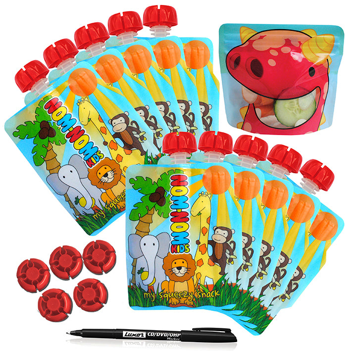 A set of colorful reusable food pouches with animal designs, accompanied by red caps and a pen.