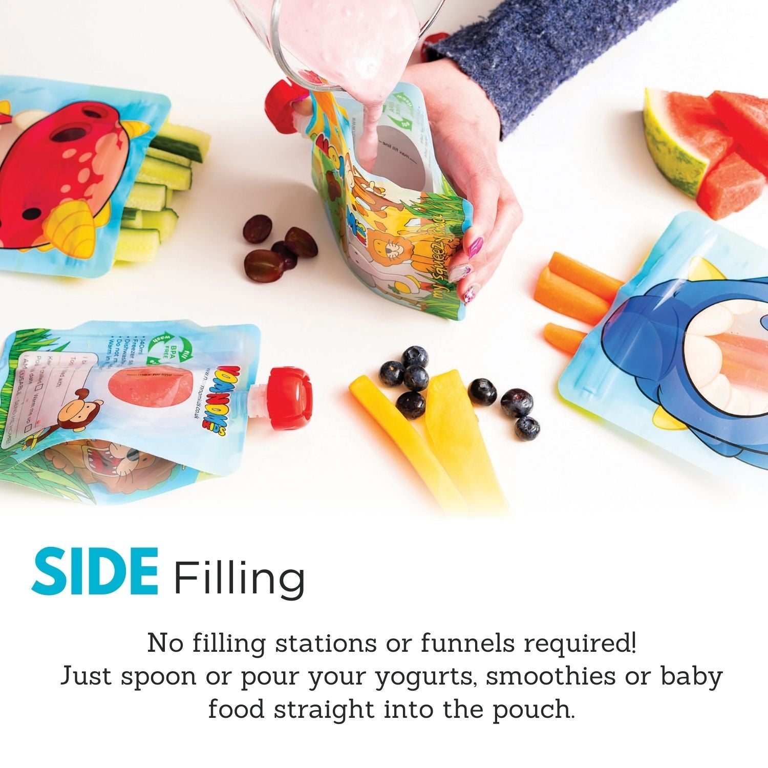 nom nom kids pouch being filled through the wide side opening