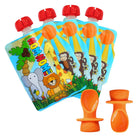 4 Nom Nom Kids reusable pouches in an Animal Design and 2 silicone pouch spoons