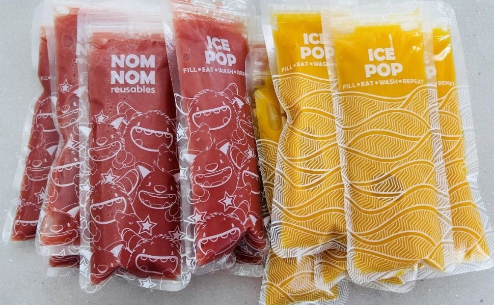 Red and yellow ice pop bags with branding on a white background