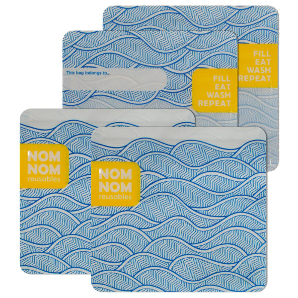 reusable snack bags with blue wave pattern and yellow 'Nom Nom' labels on a white background